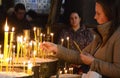 People Lighting Candles for a Religious Feast in a Church in Sofia, Bulgaria January 2018