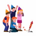 People lighting firework together, group friend boy and girl celebrating new year with party and rocket firework cartoon flat