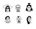 People line design hand drawn grunge icon set. Women's men's head. Trendy black and white vector illustrations. Royalty Free Stock Photo