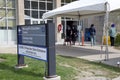People line up in the entrance to the COVID-19 Vaccination Clinic Sunnybrook Hospital in Toronto, Canada