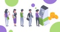 People line up near atm machine, cash transactions concept. Characters waiting in ATM terminal queue 3d vector illustration. Royalty Free Stock Photo