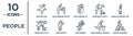 people linear icon set. includes thin line dancing girl, man jumping up, woman carrying jar with her head, man boxing, man looking