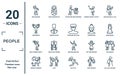 people linear icon set. includes thin line man hearing, preference, man thinking about love, woman covering, old lady walking,