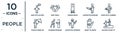 people linear icon set. includes thin line man with an idea, women dress, judge with hammer, plumber working, heart in hands,