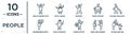 people linear icon set. includes thin line man standing with arms up, dancers, elegant man with suitcase, ninja portrait, boss and