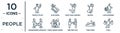 people linear icon set. includes thin line traffic police, happy man jumping, layer working, family board games, iying down, steal