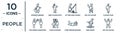 people linear icon set. includes thin line worker running, sitting man fishing, elegant man, couple kissing, man skiing, boy kid