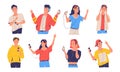 People listen music. Cartoon happy teenagers with phones and headphones dancing and enjoying audio. Teen men and women