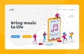 People Listen Sound Composition on Music Player or Mobile Phone Application Landing Page Template Royalty Free Stock Photo