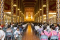 People listen to monk preachment in buddhism church temple