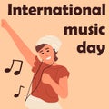 People listen to music. International musical day. Dancing woman with headphones. Audio player headset. Female enjoying Royalty Free Stock Photo