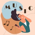 People listen to music. Woman enjoying of melody. Happy girl with smartphone and headset. Musical player. Mobile audio