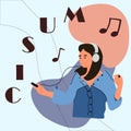 People listen to music. Woman with headphone and smartphone. Musical player. Audio podcast banner. Abstract spots