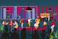People listen to musician in modern design cafe vector illustration. Music band perform at restaurant, jazz music with