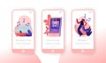 People Listening Music at Smartphone Mobile App Page Onboard Screen Set. Woman Dancing, Relaxing Having Fun Royalty Free Stock Photo