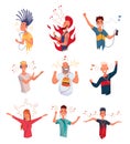 People listening to music. Hand dancing cartoon young characters with smartphones and earphones. Set of joyful people