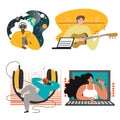 People listening to music, podcast from smartphone, laptop computer, vector illustration. Online music, podcasting.