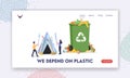 People Live in Garbage Landing Page Template. Tiny Characters Making House of Plastic Cutlery near Huge Litter Bin