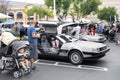 People look at DeLorean cars