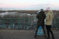People look at the panorama of Moscow from the observation deck in Kolomenskoye