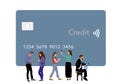 People look at their cell phones as they stand in front of a giant credit card