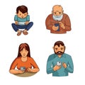 People look at their phone screens. Different generations of people with phones