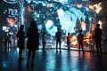 People looking at digital display showing global data visualizations and futuristic interfaces. Artificial intelligence network Royalty Free Stock Photo