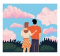 People looking forward. Couple admiring nature landscape. Man and woman hugging. Summer vacation. Admiration of scenic Royalty Free Stock Photo