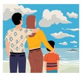 People looking forward. Parents with child admiring landscape. Hugging couple. Watching to sky clouds. Scenic seascape