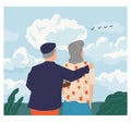 People looking forward. Senior couple admiring nature landscape. Admiration of flying birds. Standing grandparents rear Royalty Free Stock Photo