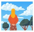 People looking forward. Woman admiring nature landscape. Admiration of scenic forest and sky clouds. Standing female Royalty Free Stock Photo