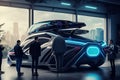 People looking at futuristic car in a showroom