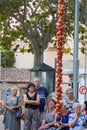 People looking at a hanging bunch of tomatoes during Tomato `Ramellet` Night Fair in Maria de la Salut Royalty Free Stock Photo