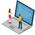 People looking at laptop screen with program code. Programmers coding new project on laptop Royalty Free Stock Photo
