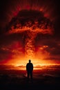 people looking at mushroom of nuclear explosion, atomic war and apocalypse concept, world in flame Royalty Free Stock Photo