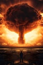 people looking at mushroom of nuclear explosion, atomic war and apocalypse concept, world in flame Royalty Free Stock Photo