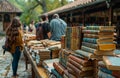 People looking at old books at flea market Royalty Free Stock Photo