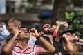 People looking up at 2017 eclipse in New York City