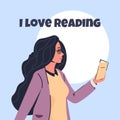 People love reading. Young girl holds book. Literature poster or banner. Female Bookworm, studying person, woman with