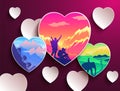 People love traveling, heart shapes with silhouettes of tourists, hiking, mountain, riding elephant