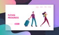 People with Luggage Book Cheap Flight Landing Page Template. Saving Vacation Budget. Characters Buying Airplane Tickets