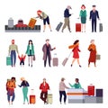 People with luggage. Travelling couple holding child and person together with suitcase, tourist and traveler isolated Royalty Free Stock Photo