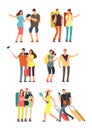 People with luggage on vacation. Tourist man, woman and kids with bags. Traveling family vector character set Royalty Free Stock Photo