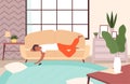 People lying on sofa. Lazy person relax in living room sleeping and watching tv apathy and messy vector character Royalty Free Stock Photo