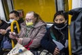 People on Madrid Transport System Metro wearing Covid masks, Madrid Spain