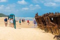 People at the Maheno shipwreck on 75 mile beach, one of the most popular landmarks on Fraser Island, Fraser Coast, Queensland, Aus Royalty Free Stock Photo