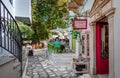 People on the main square of Pyrgos. Tinos Island, Cyclades, Greece.