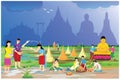 People make beautiful sand pagoda in temple on Songkran festival ,Merit making traditions