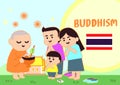 People make merit offerings to monks in cartoon style painted flat - Thai flag.