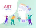 People Make Photo on Background Statue. Art Selfie